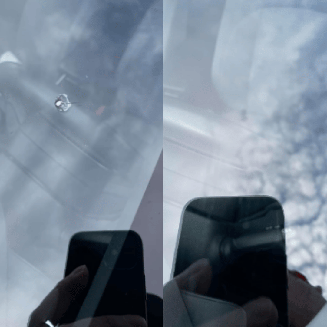 Before and after using windshield crack repair liquid