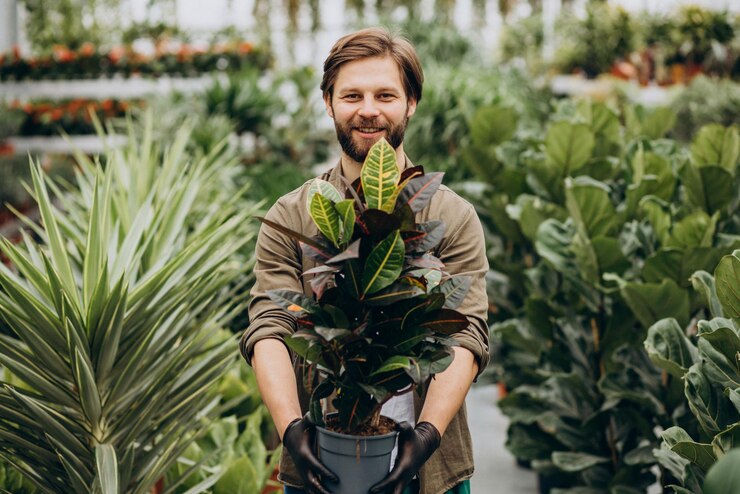 Man florist working in a green house